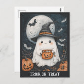 かわいいハロウィーン幽霊トリックまたはトリートカボチャ ポストカード (正面/裏面)