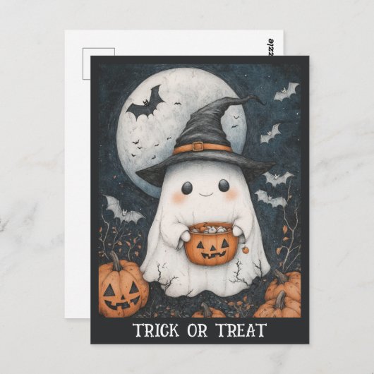 かわいいハロウィーン幽霊トリックまたはトリートカボチャ ポストカード (正面/裏面)
