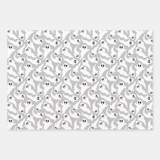 かわいいハロウィーン幽霊パターンブラックグレーパープル ラッピングペーパーシート (正面3)