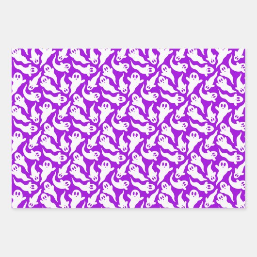 かわいいハロウィーン幽霊パターンブラックグレーパープル ラッピングペーパーシート (正面2)