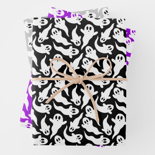 かわいいハロウィーン幽霊パターンブラックグレーパープル ラッピングペーパーシート (インサイチュ)