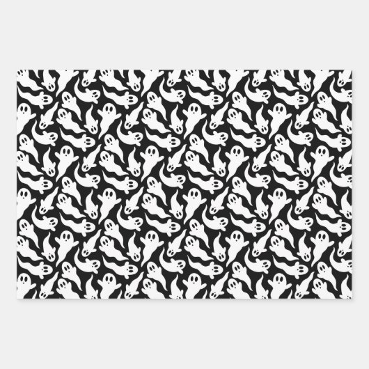 かわいいハロウィーン幽霊パターンブラックグレーパープル ラッピングペーパーシート (正面)
