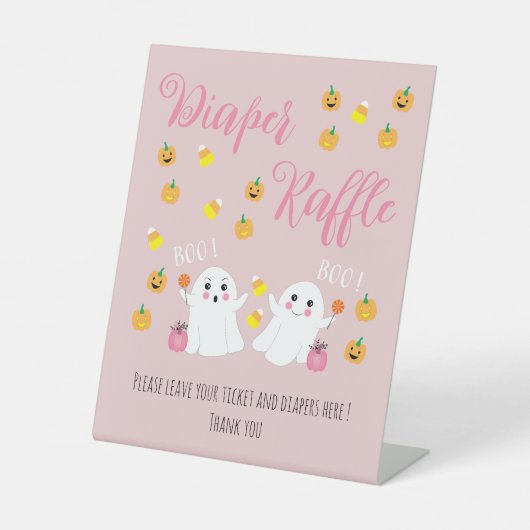 かわいいハロウィーン幽霊ピンクおむつラッフルサイン 台座サイン (正面)