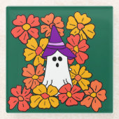 かわいいハロウィーン幽霊フラワーフィールド ガラスコースター (正面)