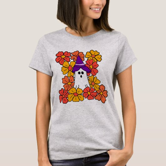 かわいいハロウィーン幽霊フラワーフィールド Tシャツ (正面)