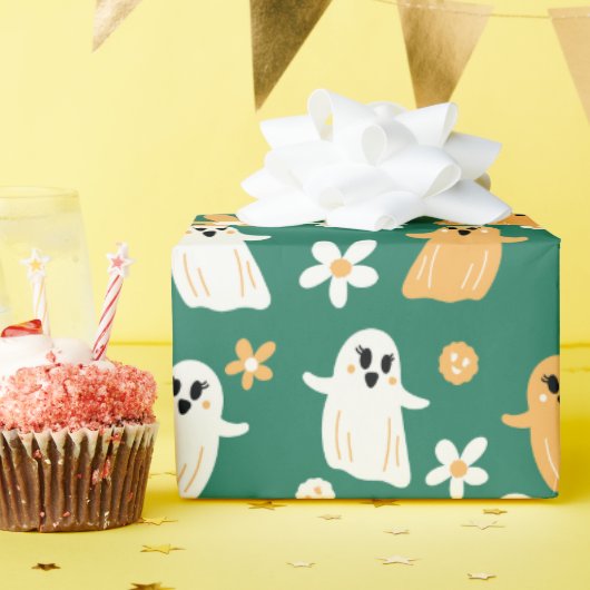 かわいいハロウィーン幽霊フローラルパターン ラッピングペーパー (誕生日パーティー)