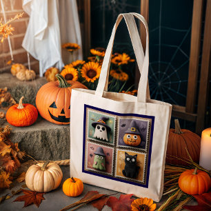 かわいいハロウィーン幽霊、カボチャ、ゾンビ&キャットスタンプ ラージトートバッグ