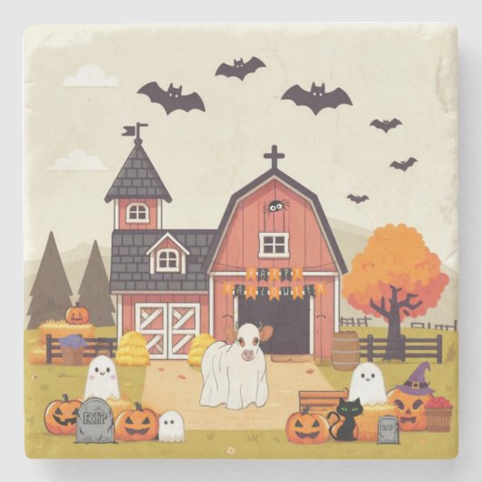 かわいいハロウィーン牛と農場 ストーンコースター (正面)