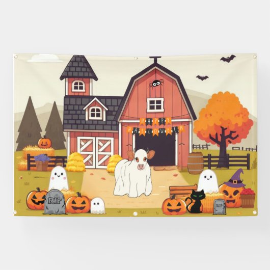 かわいいハロウィーン牛と農場 横断幕 (横)