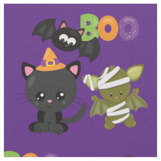 かわいいハロウィーン猫こうもり&ミイブー ファブリック (クローズアップ)