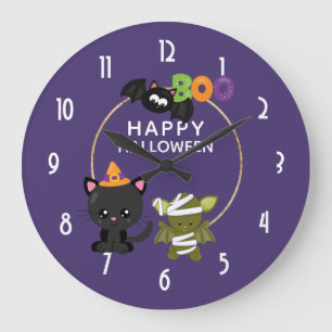 かわいいハロウィーン猫こうもり&ミイブー ラージ壁時計