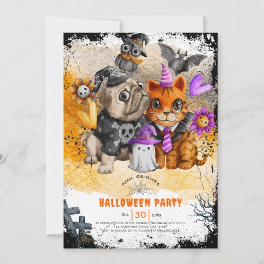 かわいいハロウィーン猫と犬のパーティの招待状 招待状 (正面)