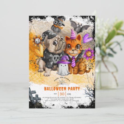 かわいいハロウィーン猫と犬のパーティの招待状 招待状 (スタンド正面)