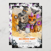 かわいいハロウィーン猫と犬のパーティの招待状 招待状 (正面/裏面)