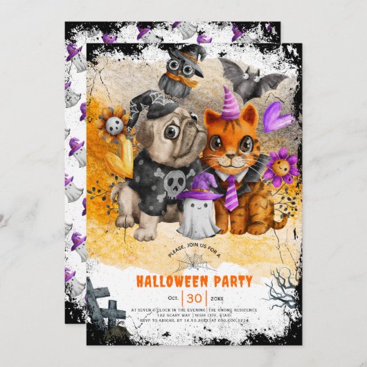 かわいいハロウィーン猫と犬のパーティの招待状 招待状 (正面/裏面)
