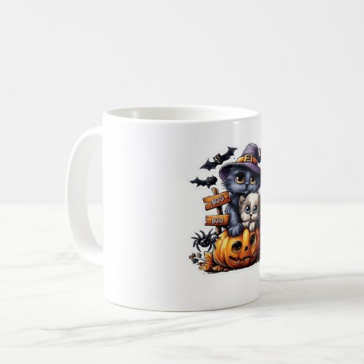 かわいいハロウィーン猫ステッカー – ウィッチハット、カボチャ コーヒーマグカップ (正面左)