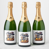 かわいいハロウィーン猫ステッカー – ウィッチハット、カボチャ スパークリングワインラベル (ボトル)