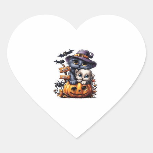 かわいいハロウィーン猫ステッカー – ウィッチハット、カボチャ ハートシール (正面)