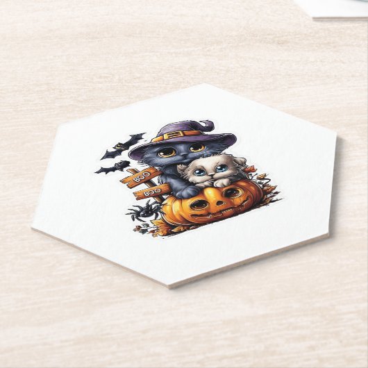 かわいいハロウィーン猫ステッカー – ウィッチハット、カボチャ ペーパーコースター (アングル)
