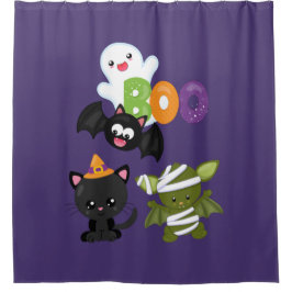 かわいいハロウィーン猫、こうもり、ママ&幽霊 シャワーカーテン