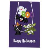 かわいいハロウィーン猫、こうもり、ママ&幽霊 ミディアムペーパーバッグ (裏面)