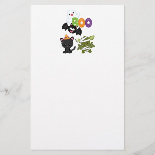 かわいいハロウィーン猫、こうもり、ママ&幽霊 便箋 (正面)