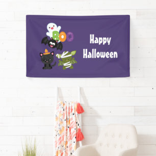 かわいいハロウィーン猫、こうもり、ママ&幽霊 横断幕