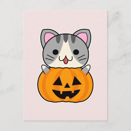 かわいいハロウィーン猫inハロウィーンのカボチャのちょうちん ポストカード (正面)