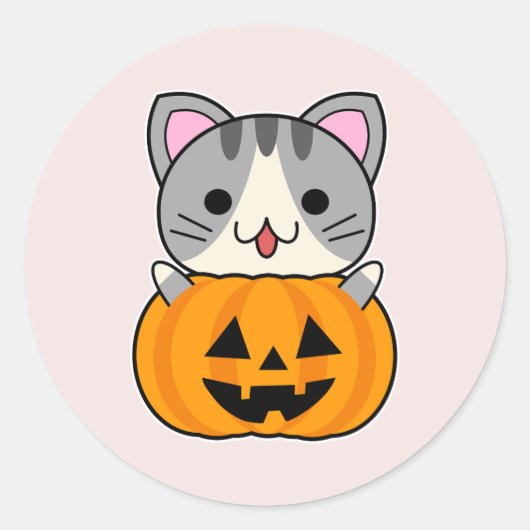 かわいいハロウィーン猫inハロウィーンのカボチャのちょうちん ラウンドシール (正面)