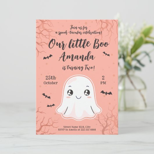 かわいいハロウィーン誕生日とかわいい幽霊&こうもり 招待状 (スタンド正面)