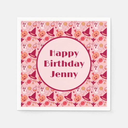 かわいいハロウィーン誕生日追加ガールズネームピンク スタンダードカクテルナプキン (正面)