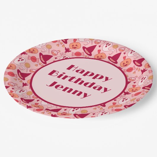 かわいいハロウィーン誕生日追加ネームピンクパステル ペーパープレート (アングル)