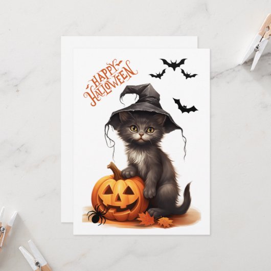 かわいいハロウィーン黒猫かぼちゃとクモ カード (正面/裏面インサイチュ)