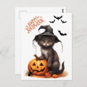 かわいいハロウィーン黒猫かぼちゃとクモ ポストカード (正面/裏面)
