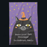 かわいいハロウィーン黒猫 キッチンタオル<br><div class="desc">帽子をかぶった可愛い黒いハロウィン飾猫このキッチンタオル。あなたの家族の名前でハロウィーンのためにそれをパーソナライズ。ハロウィーンの友達に可愛いプレゼントを贈る。Blackberry Boulevardによって設計。</div>