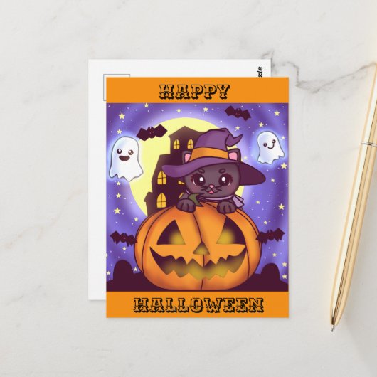 かわいいハロウィーン10月の魔女猫 ポストカード (正面/裏面インサイチュ)