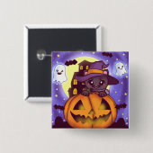 かわいいハロウィーン10月の魔女猫 缶バッジ (正面&裏面)