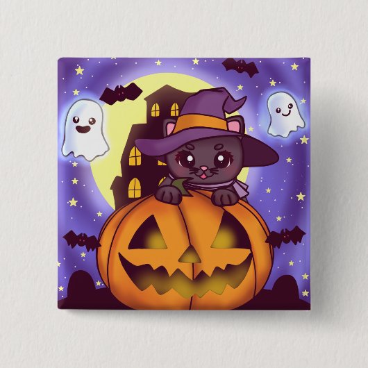 かわいいハロウィーン10月の魔女猫 缶バッジ (正面)