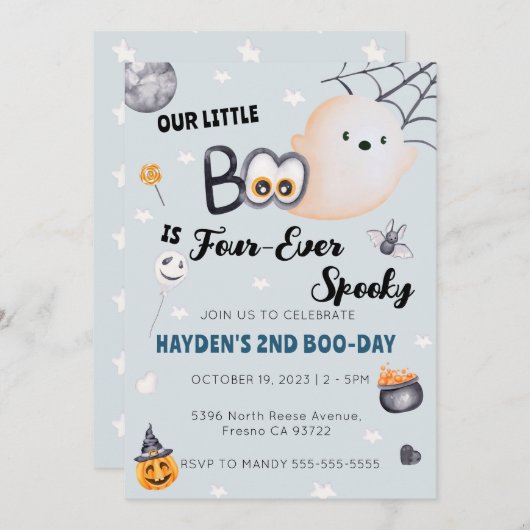 かわいいハロウィーン4歳の誕生日ボーイ4回不気味 招待状 (正面/裏面)