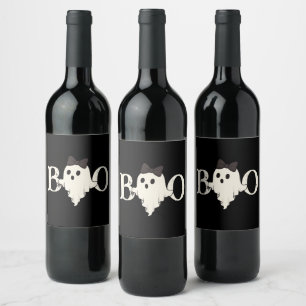 かわいいハロウィーン – "Boo"幽霊with Bow - ワインラベル