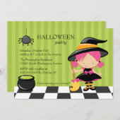 かわいいハローウィンパーティの魔法使いおよびくもの招待 招待状 (正面/裏面)