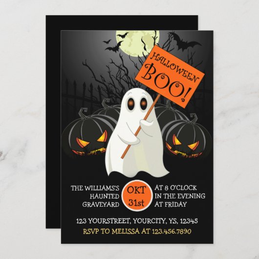 かわいいハローウィンパーティへの幽霊とこうもり 招待状 (正面/裏面)