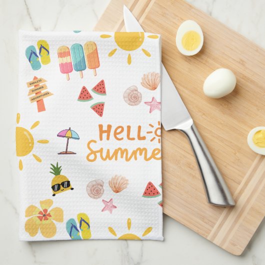 かわいいハローサマーシームレスパターン キッチンタオル (四つ折り)