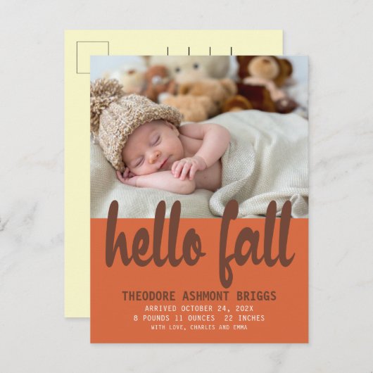 かわいいハロー秋秋ベビー誕生写真 案内ポストカード (正面/裏面)