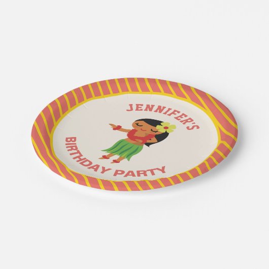 かわいいハワイアンフラガールルアウ（ハワイ式宴会）誕生日パーティー ペーパープレート (アングル)