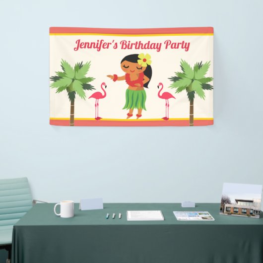 かわいいハワイアンフラガールルアウ(ハワイ式宴会)誕生日パーティー 横断幕 (トレードショー)