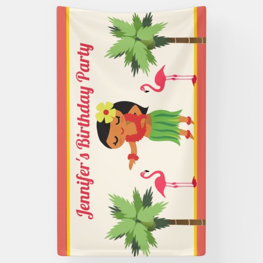かわいいハワイアンフラガールルアウ（ハワイ式宴会）誕生日パーティー 横断幕 (縦)