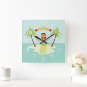 かわいいハワイアンフラ女の子ルアウ(ハワイ式宴会)時計と数字 スクエア壁時計 (ホーム)