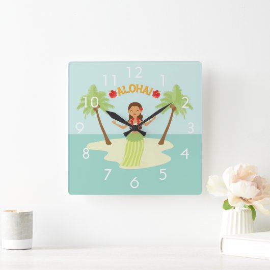 かわいいハワイアンフラ女の子ルアウ(ハワイ式宴会)時計と数字 スクエア壁時計 (ホーム)