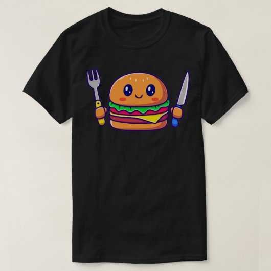 かわいいハンバーガー持ち包丁とフォーク Tシャツ (デザイン正面)